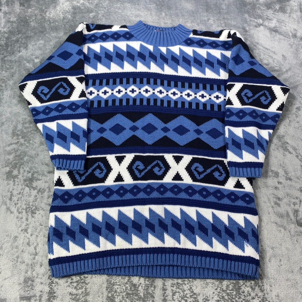 Vintage Ski Sweater Mens XL Blue Geometric Knit Crewneck Aztec AOP Fair Isle USA